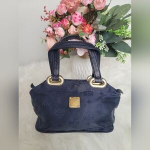 MCM Navy Visetos Nylon Handle Bag Mini Bag with Gold Accents